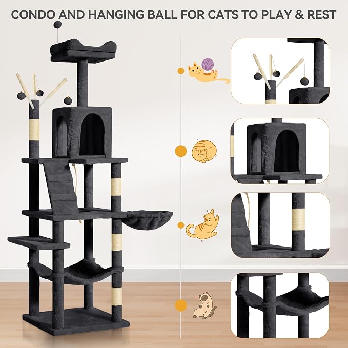 YITAHOME 64.5" Cat Tree, Multi-Level Cat Tower | Large Cat Condo Furniture with Perch Hammock, Scratching Posts and Dangling Balls, Dark Gray