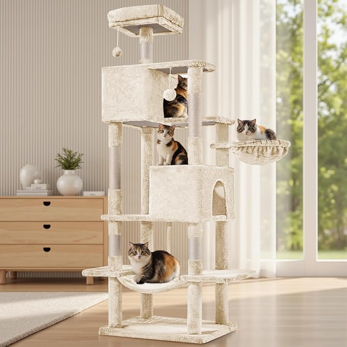 DUMOS Large 66 Inch Cat Tree Tower with Scratching Posts, Indoor Use | Tall Multi Level Cat Climbing Tower with Hammock, Pet Condo for Cats and Kittens Play, Beige