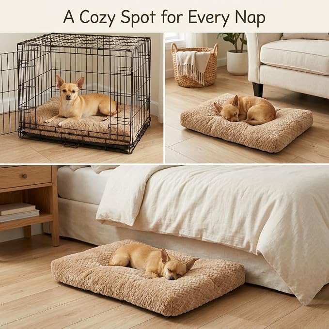 Small Dog Bed for Crate,22 Inch Washable Dog Crate Pad for Dog Cages,Soft Jacquard Flannel Puppy Kennel Bed with Anti-Slip Bottom,Fluffy Dog Mat for Small Dogs,Khaki