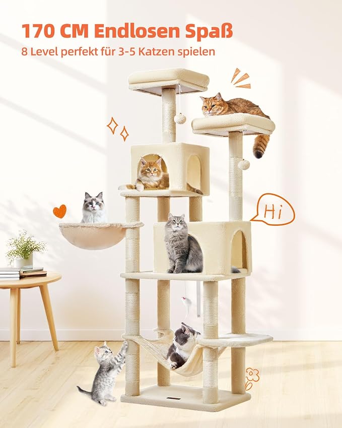 Taoqimiao Cat Tree, 67 in Tall Cat Tower with 2 Plush Cat Condos | 7 Scratching Posts, 2 Top Perches, Cozy Hammock & Basket, Indoor Cats, 2 Pompoms & Mouse Toy, Beige, MS013M