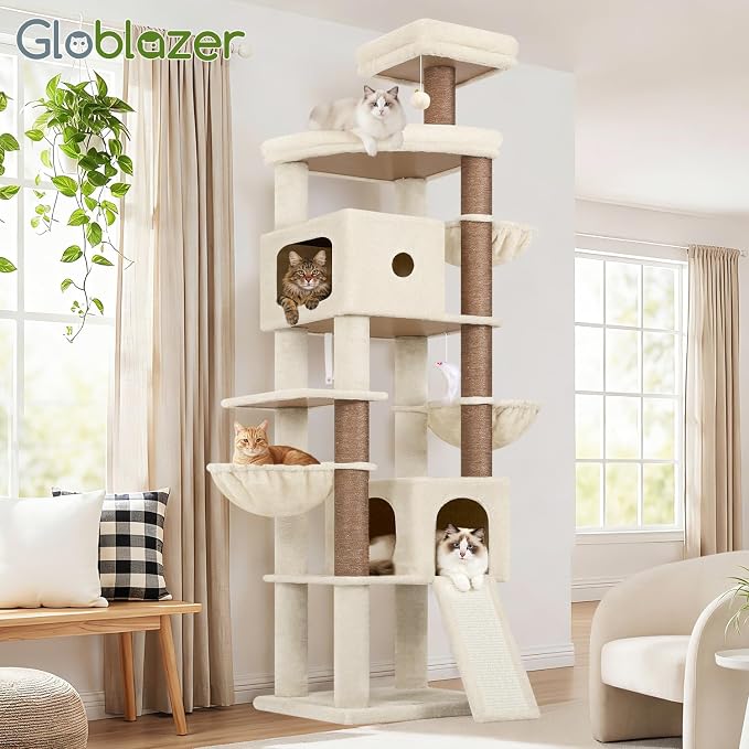Globlazer F83C Pro Max Heavy Duty Maine Coon Cat Tree, 83in Tall Tower | Easy Assembly, Large Cats, 2 Condos, 3 Hanging Baskets, 2 Perches, 7 Sisal Scratching Posts, Anti-Topple Strap, Beige