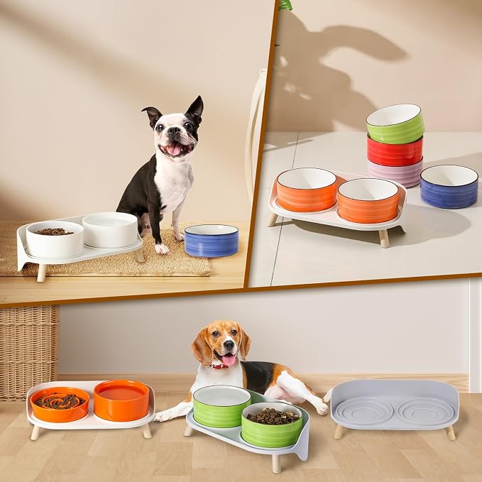 Raised Dog Feeder Bowl Stand (Without Bowls), Fits Dish up to Φ 6" | Spill Proof Elevated Dog Food Stand, Double 3 Diameters Pet Food Holder for Small and Medium Breeds and Cats, Grey
