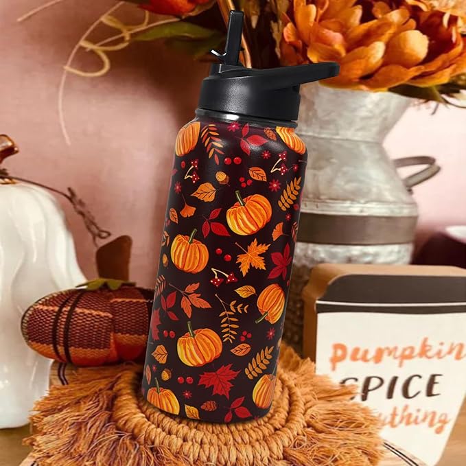 32oz Fall Stainless Insulated Aater Water Bottle with Straw,Autumn Gym Hiking Sports Coffee Mug Cup Water Bottles,Fall Decor Stuff Accessories