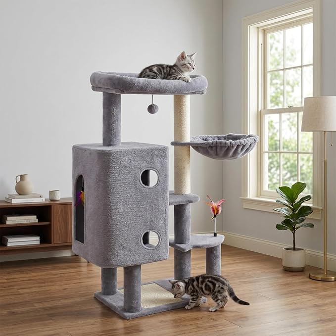HUITREE 45in Cat Tree Tower with Big Condo for Indoor Cats,Cat Tower with Scratching Post,Scratching Board and Cat Toys,Multi-Level,Small Space,Transformer Cat Tree (336G)