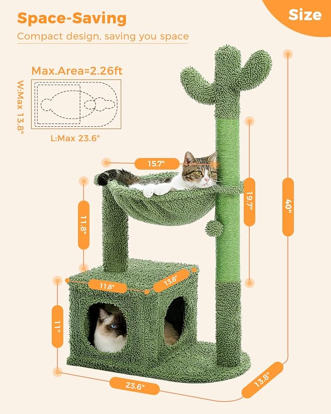 MUTTROS Cactus Cat Tree 40" Cat Tower with Large Metal Carpet Hammock, Cat Scratching Post for Indoor Cats with Condo & Replaceable Toy Ball, Green
