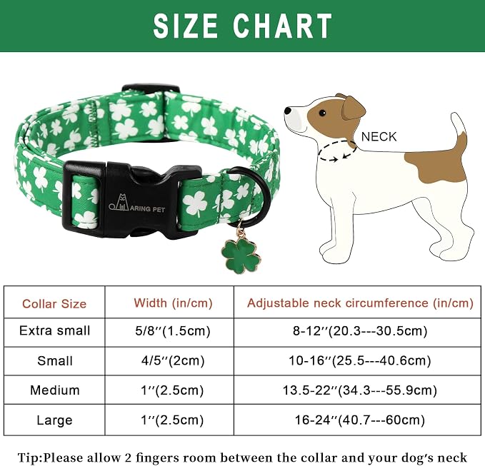 ARING PET St Patrick's Day Dog Collar-Cute Green Clovers Dog Collars, Adjustable Shamrock Pet Collars Trefoil Puppy Collar with Quick Release Buckle for Girl&Boy Dogs