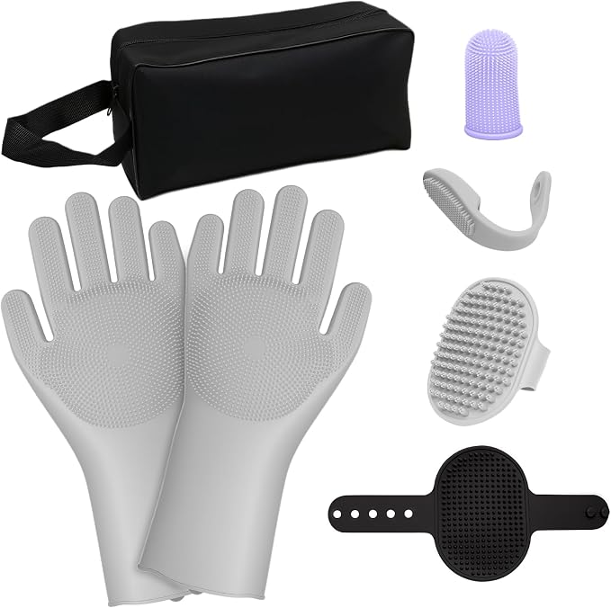 7PCS Pet Grooming Kit for Dogs and Cats,with Storage Bag & Includes Dog Washing Gloveswith High-Density Teeth, Adjustable Handle Dog Shampoo Brush, Dog Finger Toothbrush (Gray)