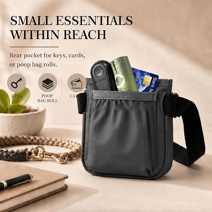 Dog Treat Pouch for Walks & Training, Stylish & Compact Treat Bag | Quick One-Hand Access, 1–1.5 Cup Capacity, Easy-Clean TPU Lining, Magnetic Closure, Rear Pocket for Keys & Essentials