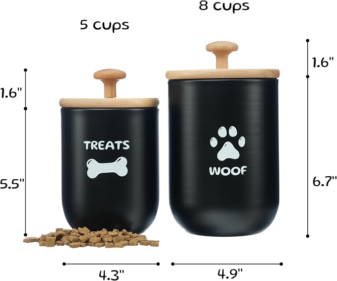 Dog Treat Container Set of 2, Dog treat jar with Airtight Lid, Small dog food container, Dog Cookie Jar for kitchen Counter, Treats Canister, Pet Treat Container 8.3x4.9 & 7.1x4.3 (Black)