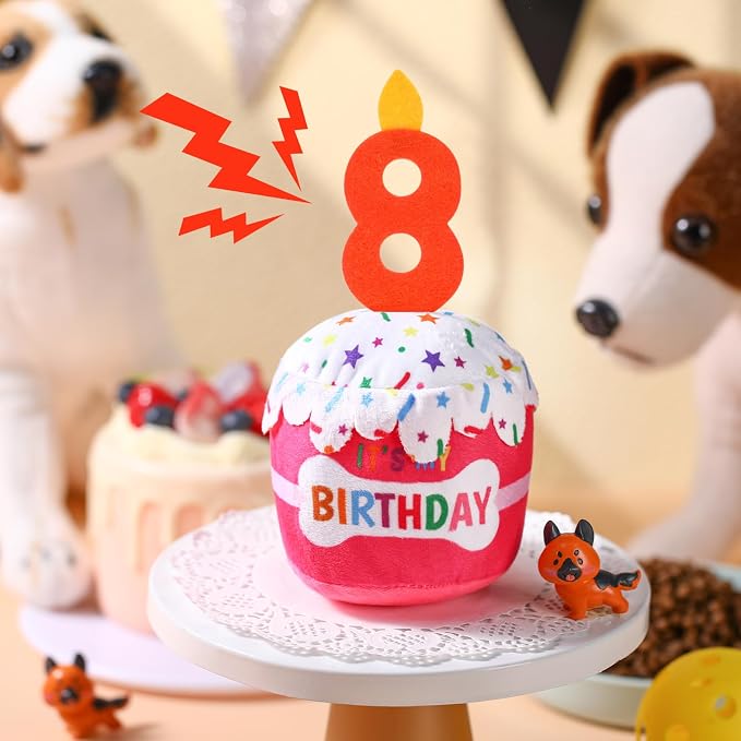 Dansydaisy Dog Birthday Cake Toy Squeaky Plush Toy for Girl Boy Gifts, Chew Accessories for Dog Birthday Party Decor Favor for Large, Medium and Small Dogs(8th,Pink)