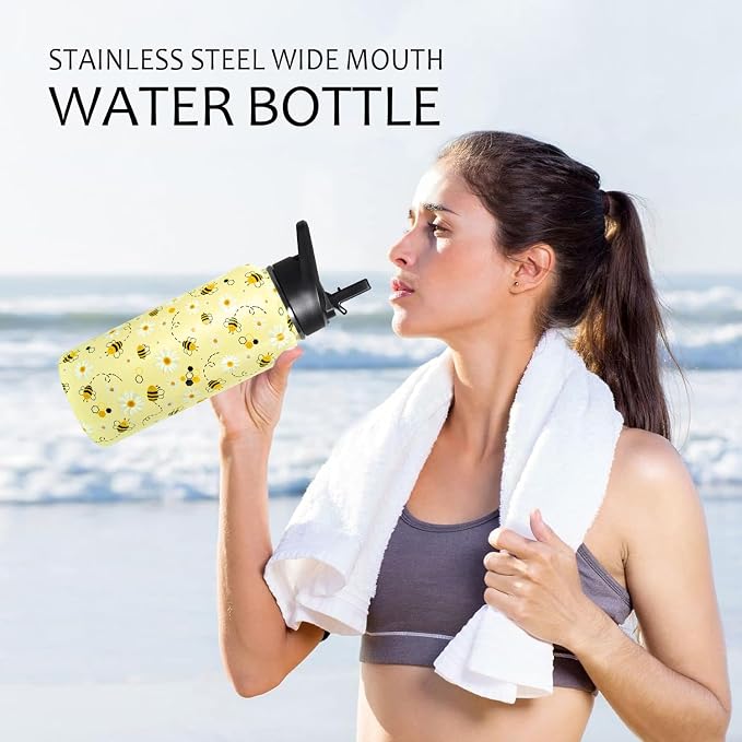 32oz Bee Insulated Aater Water Bottle with Straw, Bee Gym Hiking Sports Coffee Mug Cup Water Bottles,Bee Gifts for Women,Bee Decor Stuff Accessories