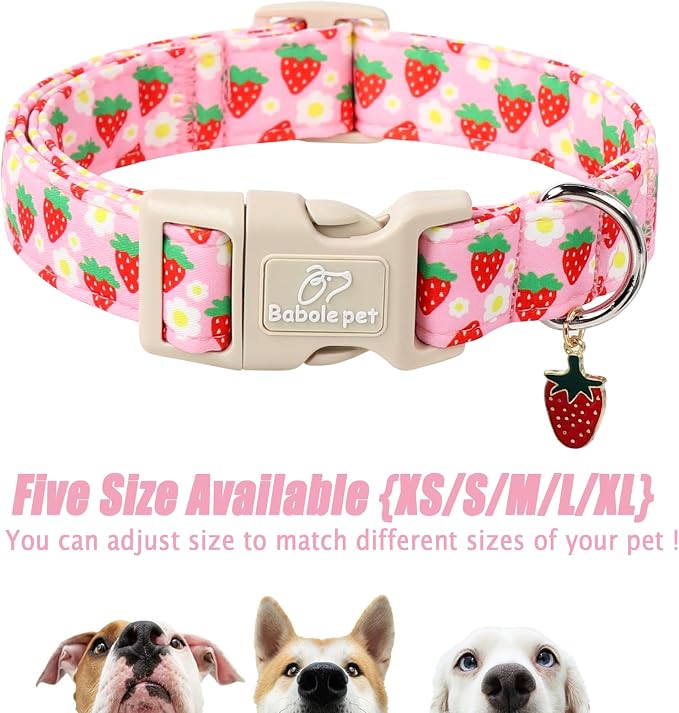 Cute Spring/Summer Dog Collar, Adjustable Pink Strawberry Dog Collars for Puppy Small Dogs, Lightweight Quick-Release Buckle Collar for Boy&Girl Dogs XS