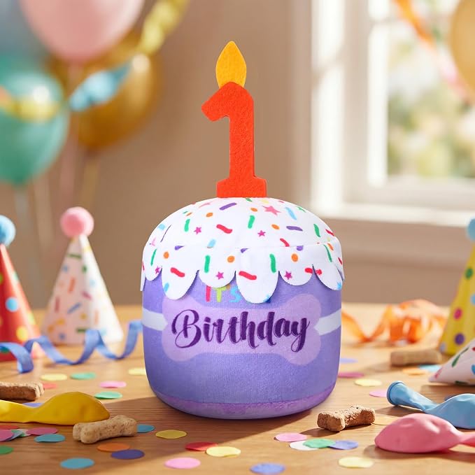 Dansydaisy Dog Birthday Cake Toy Squeaky Plush Toy for Girl Boy Gifts, Chew Accessories for Dog Birthday Party Decor Favor for Large, Medium and Small Dogs(1st,Purple)