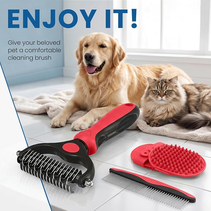 Pet Grooming Kit Brush and Metal Comb Combo, Double Sided Dematting Undercoat Rake Deshedding Brush for Long Short Matted Haired Dogs & Indoor Cats, Gift for Pet Lovers (Red Kit 4PCS)