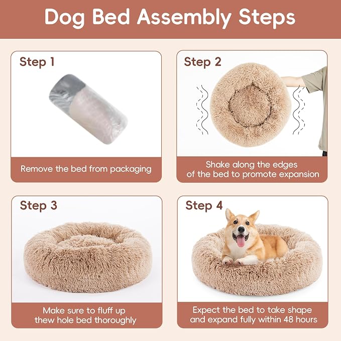 FluffyDream 30 Inch Calming Donut Bed for Dogs and Cats, Brown Washable Plush Fur Cuddle Bed