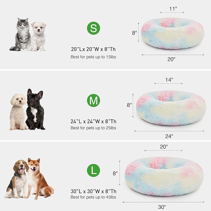 Love's cabin Calming Cat Bed for Indoor Cats, Anti-Anxiety Donut Round Dog Bed,Fluffy Faux Fur Washable Pet Bed for Small Medium Dogs and Cats, Rainbow, 20in