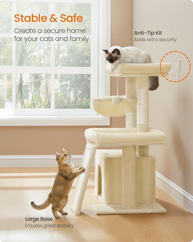 Feandrea Cat Tree, Cat Tower Condo with Scratching Posts and Ramp, 2 Large Perches, Cave, Basket, 33.8 Inches Tall, Summer Sand UPCT013LF02S