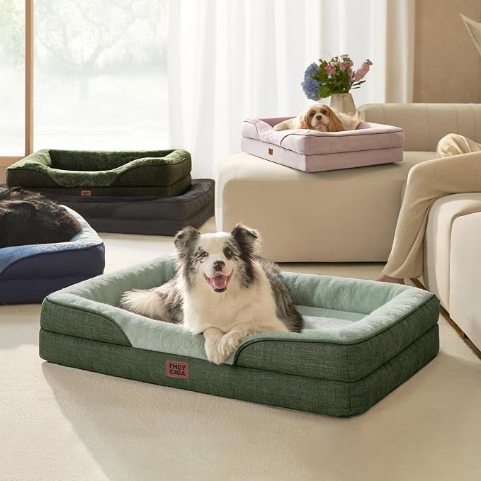 EHEYCIGA Orthopedic Dog Bed for Medium Dog, 35x22 Inch Memory Foam Dog Couch Bed with Sides, Waterproof Liner & Washable Removable Cover, Bolster Pet Sofa, Green