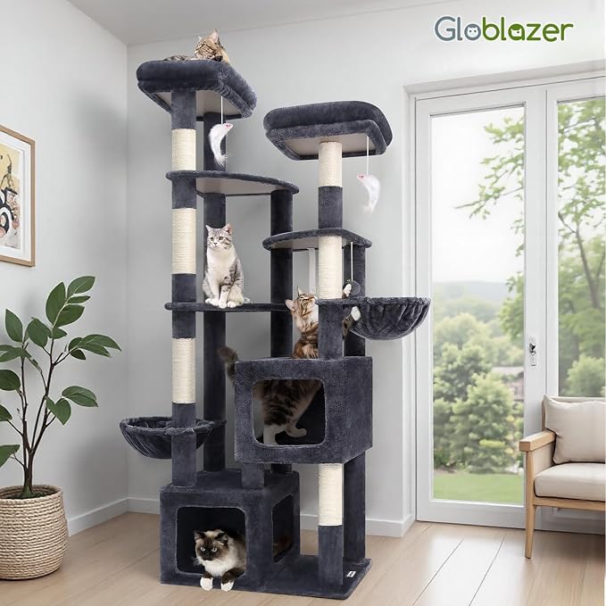 Globlazer S74E Pro Heavy Duty Maine Coon Cat Tree for Large Cats, Dark Grey | 74in Sturdy Multi-Level Tall Cat Tree Tower for Indoor Adult Cats with Scratching Posts, 2 Cat Condos, 2 Top Perches
