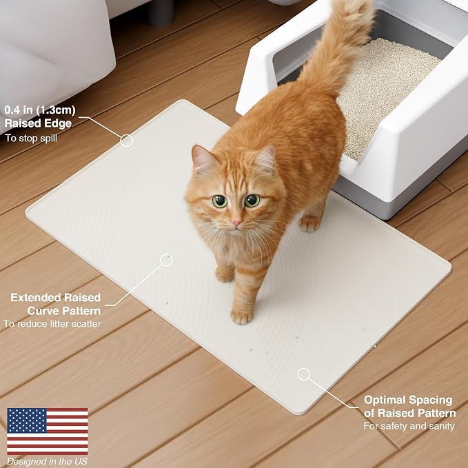 Cat Litter Box Mat - L Large Size 34 x 22 in, Water Proof, Kitty Litter Trapping Mat, Easy to Clean, Scatter Control, Odorless, Pet Supplies for Indoor Cats, Warm Beige
