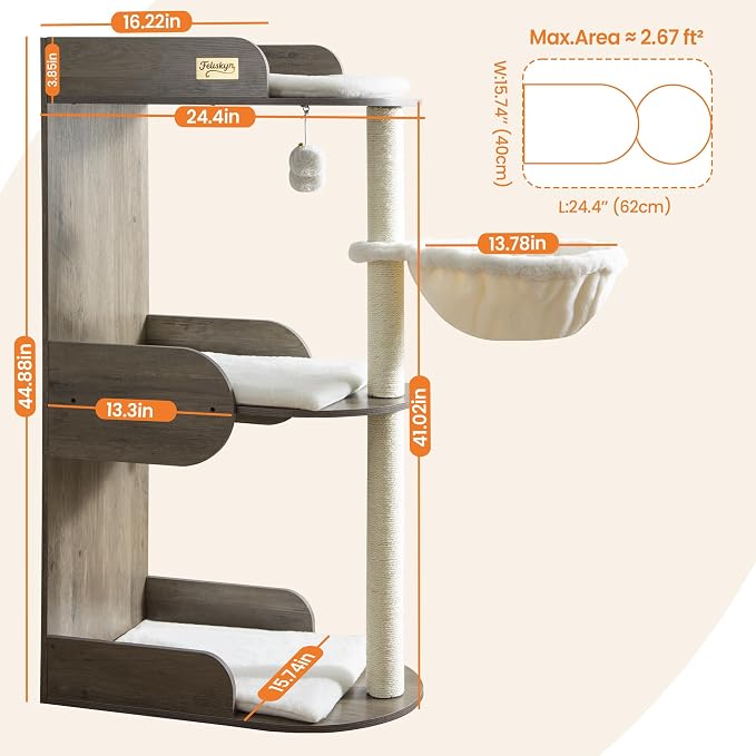 44.8in Modern Wood Cat Tree Tower for Indoor Large Cats with Perch | Multi-level Big Platforms, Sisal Scratching Posts, Cozy Hammock, Washable Pads, Ideal for Windows and Corners, Greige