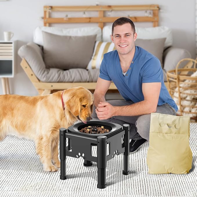 Lewondr Elevated Slow Feeder Dog Bowls with 3 Heights Adjustable Stand | Stainless Steel & Slow Feeder Bowls, Adjustable Dog Slow Feeder Bowl Non-Slip Dog Bowl Stand for Medium Large Breed