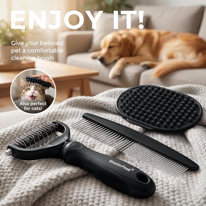 3-in-1 Pet Grooming Kit Rake Metal Comb & Bath Brush Black | Double-Sided Dematting Undercoat Rake, Deshedding Metal Comb, Bath Brush For Dogs and Cats