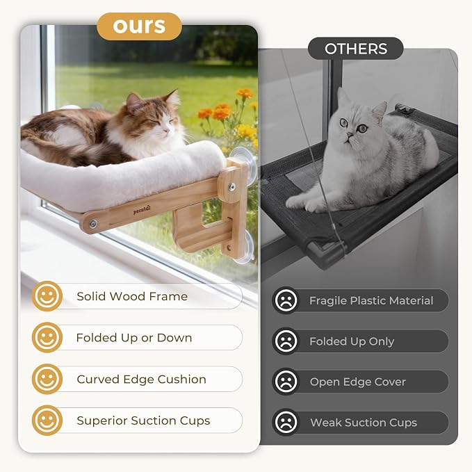 Pecute Foldable Cat Window Perch, Cloud-Soft Cat Bed with Wood Frame, 26" L | Solid Wood, Strong Suction Cup, Washable Cushion, Sided Bolster, Large Cat Hammock Indoor for Sunbathing, Bird Watching