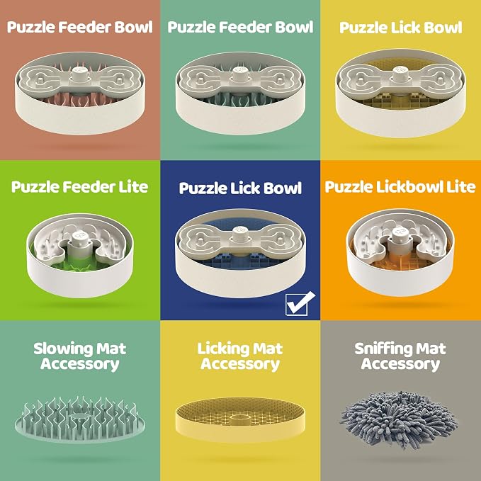 Puzzle Feeder Slow Feeder Dog Bowl with Lick Mat and Puzzle Inserts - Non-Slip Base, Adjustable Speed Design, Dishwasher Safe for Large Dogs,Blue