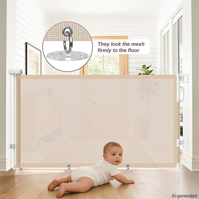 Retractable Baby Gates for Doorways, 58" Extra Wide Mesh Child Dog Gate for Stairs, 34" Tall Toddler Pet Gate Indoor and Outdoor, Easy Install, Home Necessity, Beige