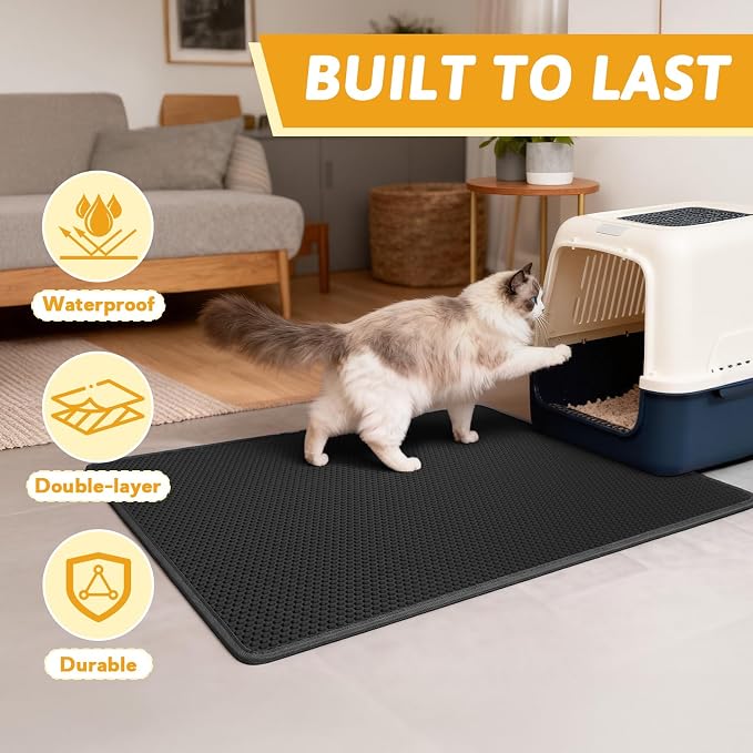 Pieviev Litter Mat, Double-Layer Waterproof Trapping Mat, 36" x 30" Black | Honeycomb Design Catches Scattered Particles to Stop Tracking, Urineproof Base Protects Floors, Easy to Clean