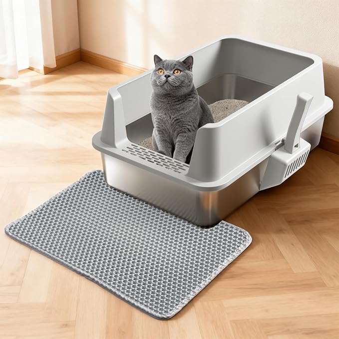 Stainless Steel Cat Litter Box with Lid,XL Extra Large Litter Box | Metal litter box for Big Cats with High Sided,2Pack,Non-Sticky,Easy Cleaning, Include Litter Mat & Scoop,23x14.6x9.9in