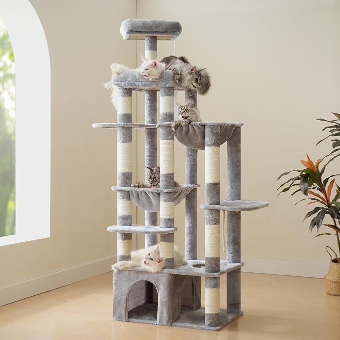 Heybly Cat Tree, 71-Inch Tall Cat Tower for Large Maine Coon Cats HCT037W | Cat Condo Furniture with Extra-Large Baseboard, Multi-Level Platforms, 2 Hammocks and 12 Scratching Posts, Light Gray