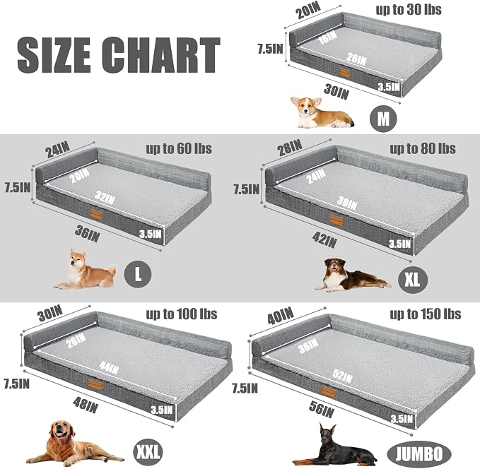 Patas Lague Orthopedic Large Dog Bed Washable Pet Sofa Bed 48''X30''Grey | 2-Sided Bolster Egg-Crate Foam Dog Couch Large Sized Dogs, Waterproof Removable Washable Cover, Nonskid Bottom Pet Crate Mat