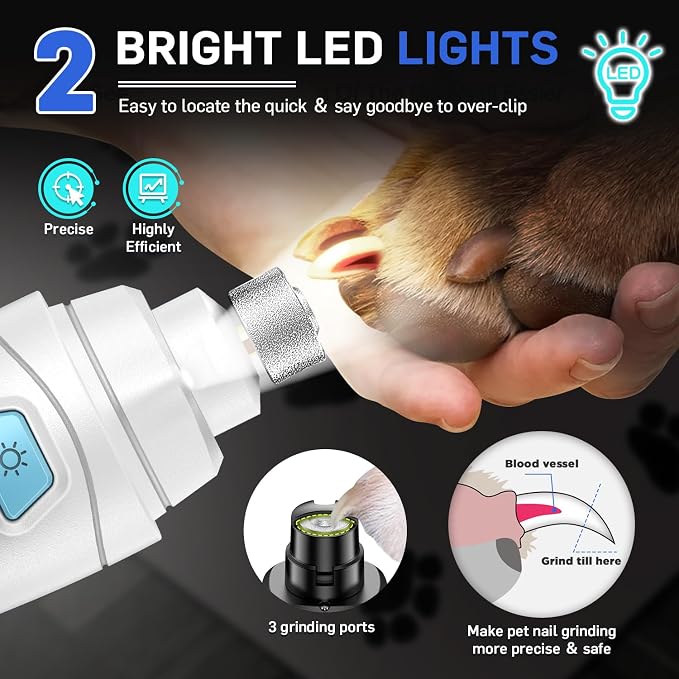 CADOLS Dog Nail Grinder & Clipper 2-in-1 Set - 25dB Ultra Quiet with 3 Grinding Wheels & 2 LED Lights, Rechargeable for Large/Puppy Dogs & Cats, 3-Speed Adjustable for Anxious Pets