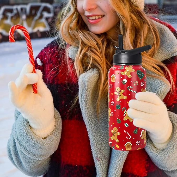 32oz Christmas Gingerbread Insulated Aater Water Bottle with Straw Gym Hiking Sports Coffee Mug Cup Water Bottles,Christmas Gifts for Women,Christmas Decor Stuff Accessories