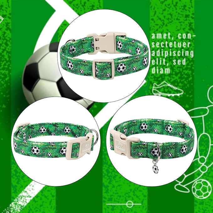 Soccer Dog Collar, Cute Boy Dog Collars for Puppy Small Dogs - Green Sports Themed Cotton Male Dogs Collar, Soft Adjustable Daily Pet Collars with Quick Release Buckle XS