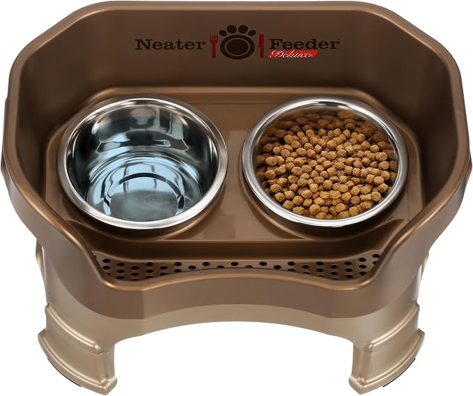 Neater Feeder Deluxe Mess-Proof Elevated Dog Bowls for Medium Dogs (19–40 lbs), 2 Height Adjustable (10” & 12.5”) No-Spill Raised Dog Bowl Stand, Stainless Steel Food Bowl Set, Made in USA, Bronze