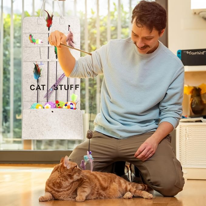 ZAVOOS 2 Pack Cat Wand Toy Storage Bag, Hanging Cat Teaser Holder for Neatly Organization, Durable Feather Pet Toy Organizer Bag with Handle for Indoor Pet Supplies, Feline Safety