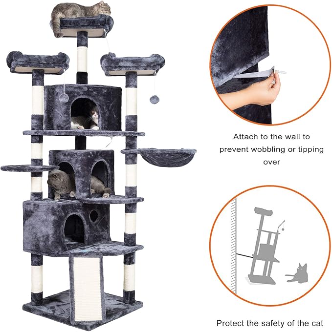 Hey-brother Cat Tree Tower with Multi-Level Large Condo, Platform, MPJ032G | 73.4 Inch Cat Tower with 3 Caves, 3 Cozy Perches, Scratching Posts, Board, Activity Center Stable for Indoor Cats, Smoky Gray