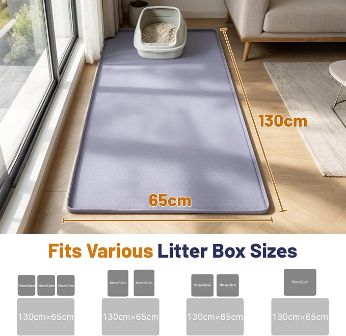 Cat Litter Mat, 51x25.6in Waterproof Silicone Litter Box Mat, Grey | XL Cat Mat Fits 1-3 Litter Boxes, Litter Trapping Mat with Raised Edges, Non-Slip Bottom, Easy Clean Kitty Litter Mat
