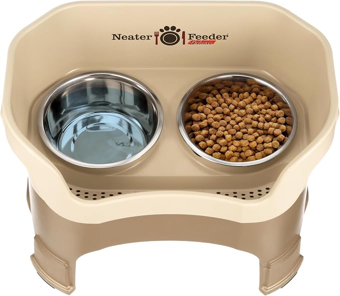 Neater Feeder Deluxe Mess-Proof Elevated Dog Bowls for Large Dogs (40+ lbs), 2 Height Adjustable (14.5” & 17.5”) No-Spill Raised Dog Bowl Stand, Stainless Steel Food Bowl Set, Made in USA, Cappuccino