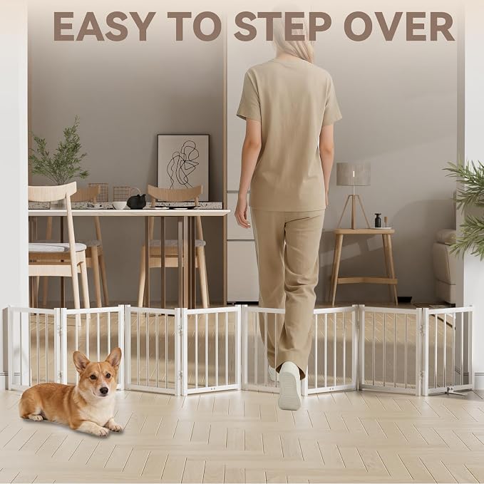 Snuowu 16" Freestanding Short Dog Gate for Small Dogs – Foldable & Retractable, Expands Up to 96" Wide, 8-Panel Pet Barrier for Doorways, Stairs & Hallways (White)