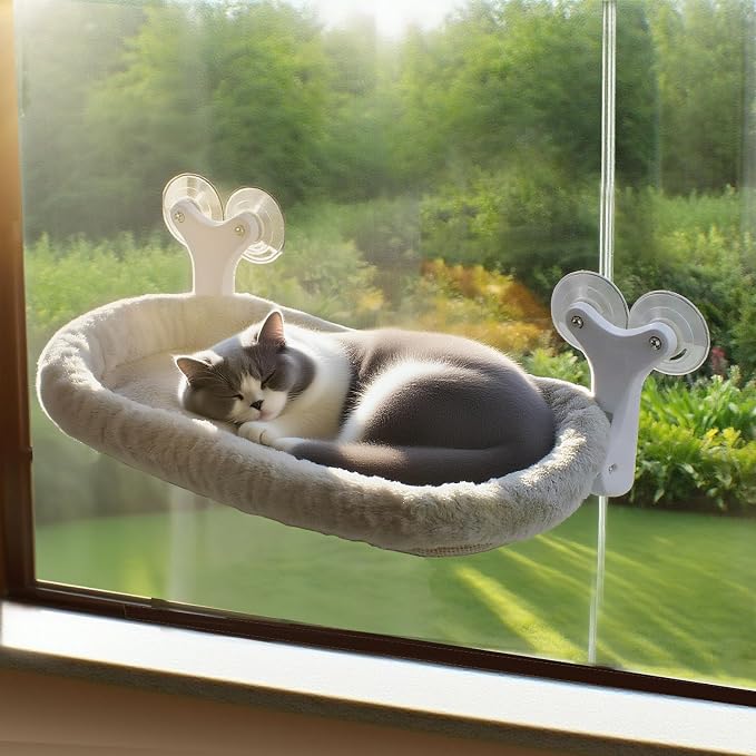 Cat Window Perch with 6 Strong Suction Cups,Mats that can be Switched Between Winter and Summer, Foldable Cordless Cat Beds Can Bear 50LBS Weight (White)