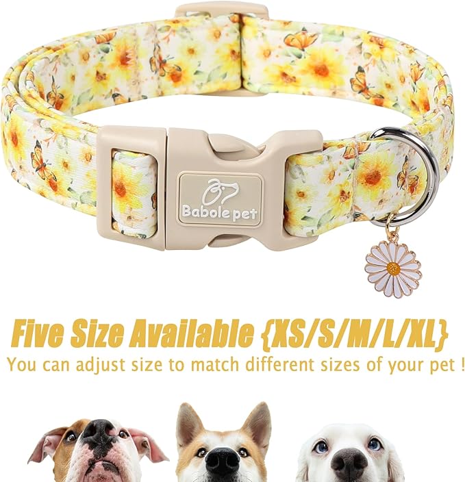 Adjustable Floral Dog Collar, Yellow Sunflower&Butterfly Dog Collars for Giant Large Dogs, Lightweight Quick-Release Buckle Collar for Boy&Girl Dogs XL