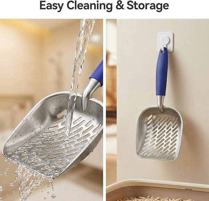 Cat Litter Scoop, Kitty Metal Scooper, Heavy Duty Aluminum Deep Sifter with Long Handle, Rustproof Durable Kitten Poop Shovel for Travel & Small Litter Box