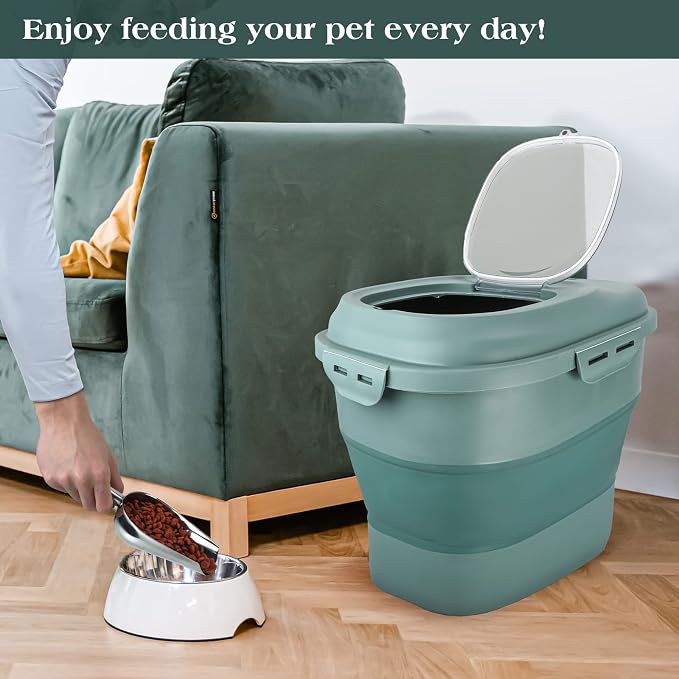 TIOVERY Dog Food Storage Container, Airtight Collapsible 13lb to 30lb Pet Food Container with Flip Top, Rolling Wheel, Scoop and 3L small container for Dog Cat Food and Dry Food of Rice, Flour