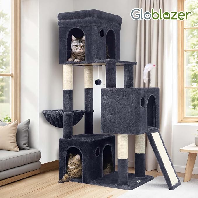 Globlazer Heavy Duty Cat Tree for Indoor Cats Large Adult, F52B, Dark Grey | 3 Condos, Extra-Large Baseboard, Removable Top Perch, 4 Sisal Posts & Board, Hanging Basket, Anti-Topple Strap, Easy Setup