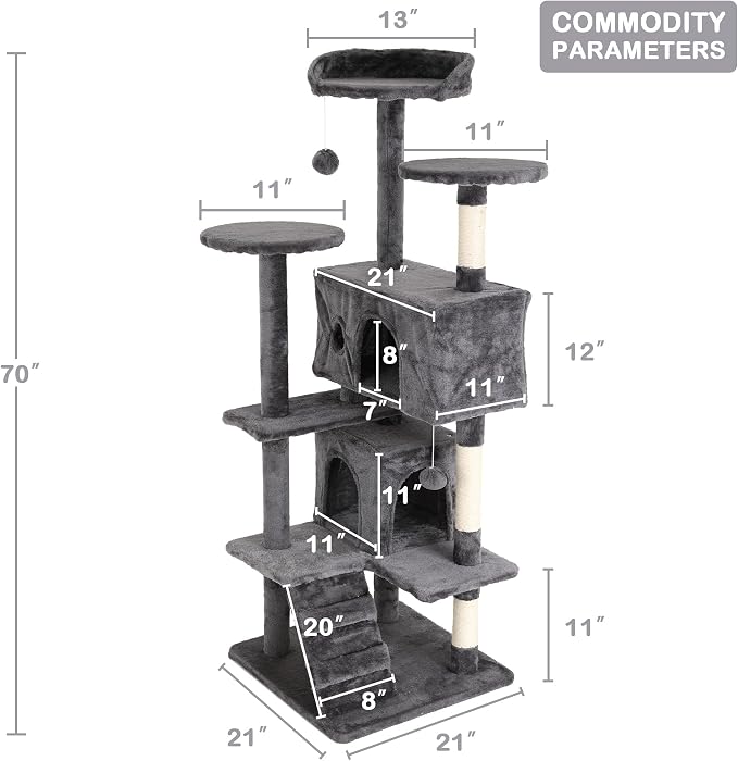 70'' Tall Multi-Level Cat Tree for Indoor Cats, Furniture With Scratching Post, Platform, Condo, Tower With Funny Toy, Corner Tree for Medium Cats
