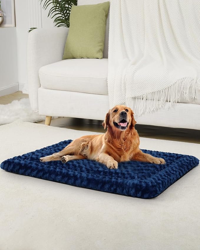 Exsnugy Washable Dog Bed Mat Large Size Fluffy Pet Crate Pad 42x28 XL | Non-Slip Bottom Kennel Beds Ultra Soft Comfy Sleeping Mattress for Large Medium Small Dogs Blue